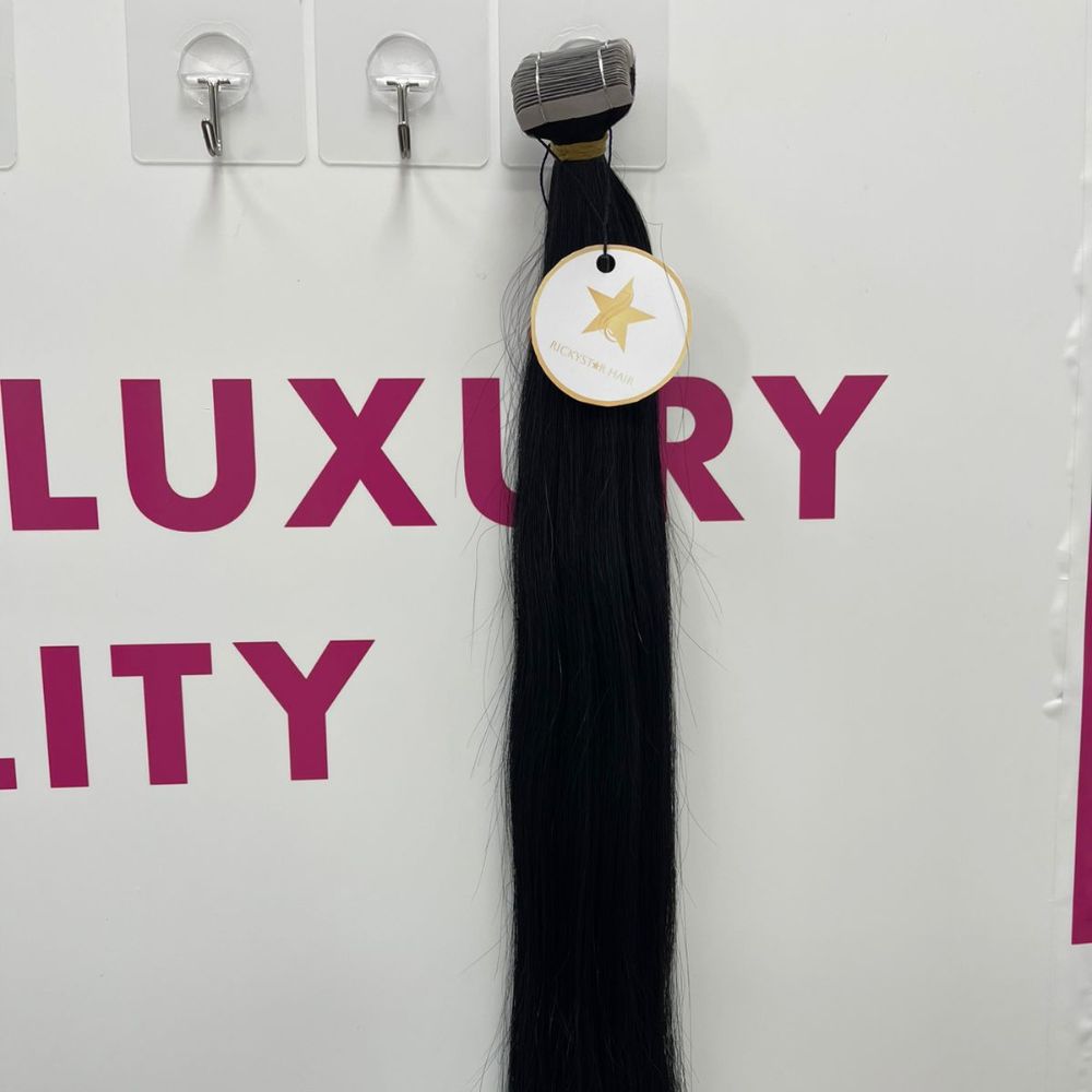 RICKYSTAR Black Natural Straight Long Tape In Hair Extensions